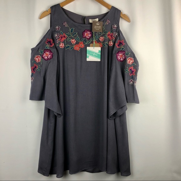 Umgee Floral Embroidered Angel Sleeve Mini Dress - Gray Size Small - Picture 1 of 9
